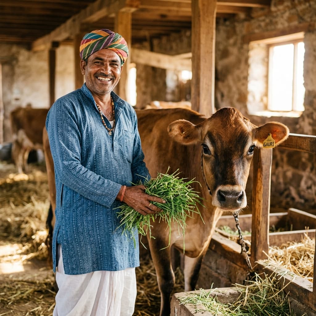 Farmer smiling with cow representing mission